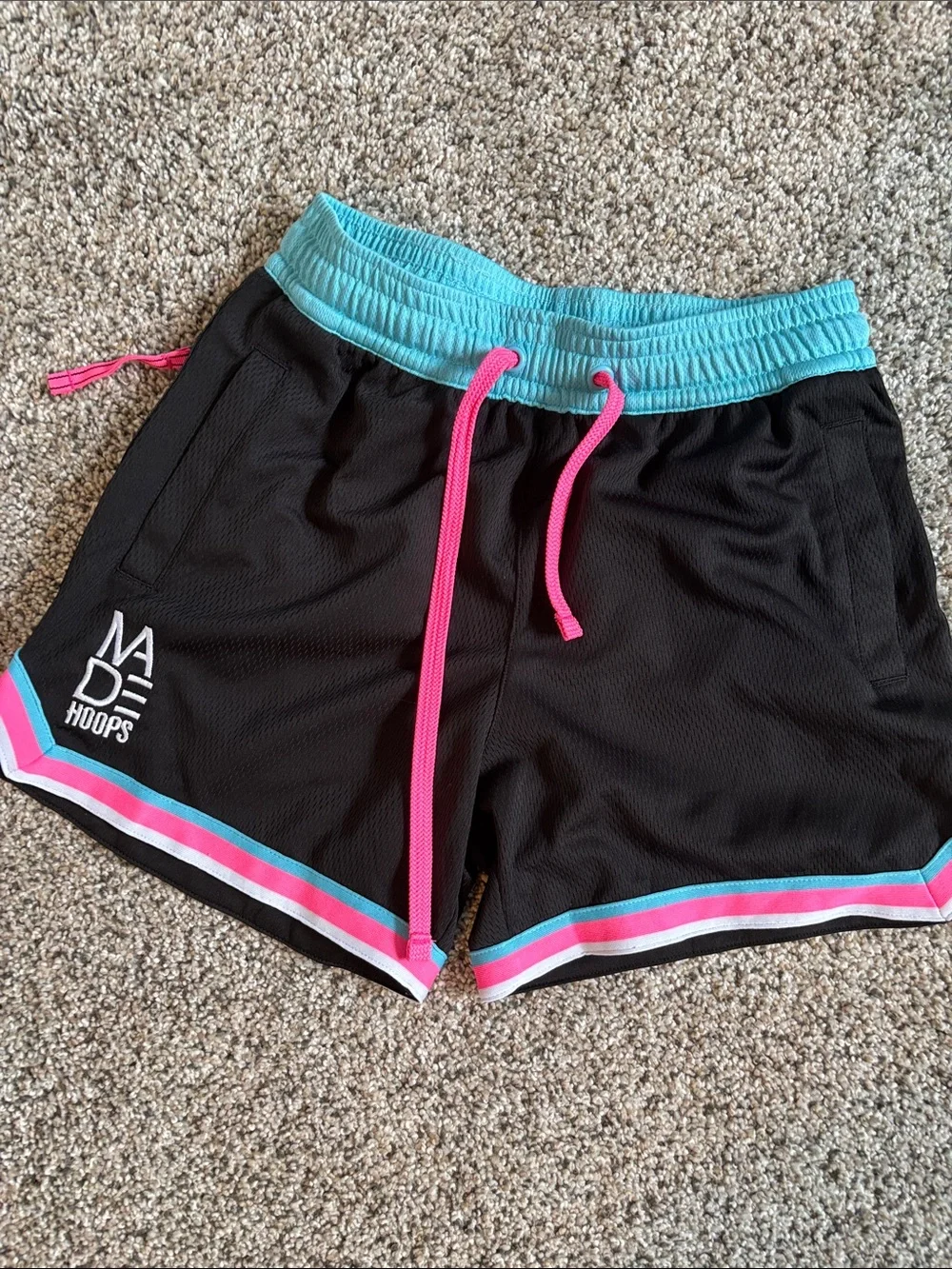 Black boys made hoops Athletic Shorts with Turquoise Waistband and Pink Trim